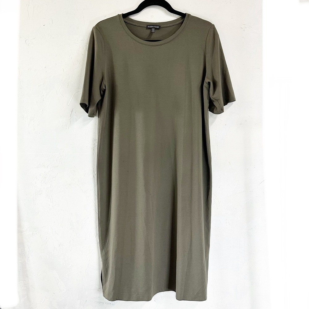 Eileen Fisher Oregano Green Round Neck Midi Viscose Shift Dress Women's Medium